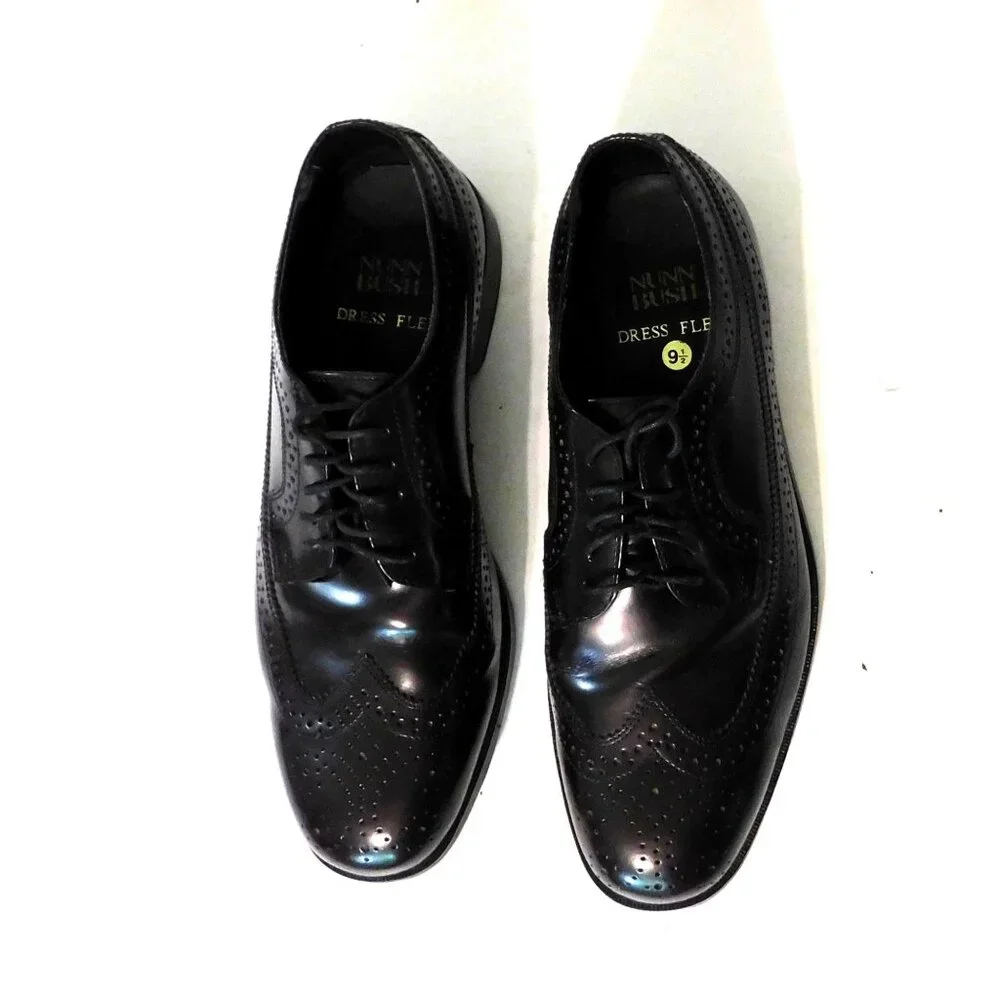 Nunn Bush Dress Flex Leather Oxford Shoes Mens Size 9.5 Dark Brown Wing Tip